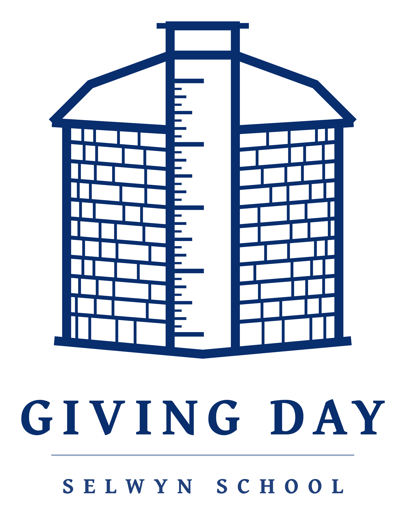 Selwyn School Giving Day mark: the campus stone silo
        with a measuring ruler climbing its centre
